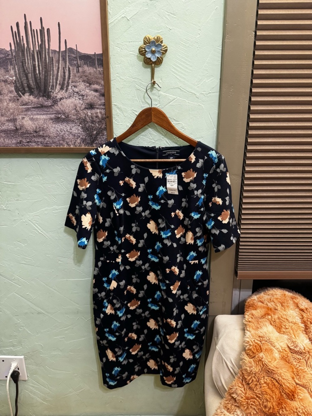Lands’ End Floral Dress Size 12P Navy, Tan, and Blue Flower Print